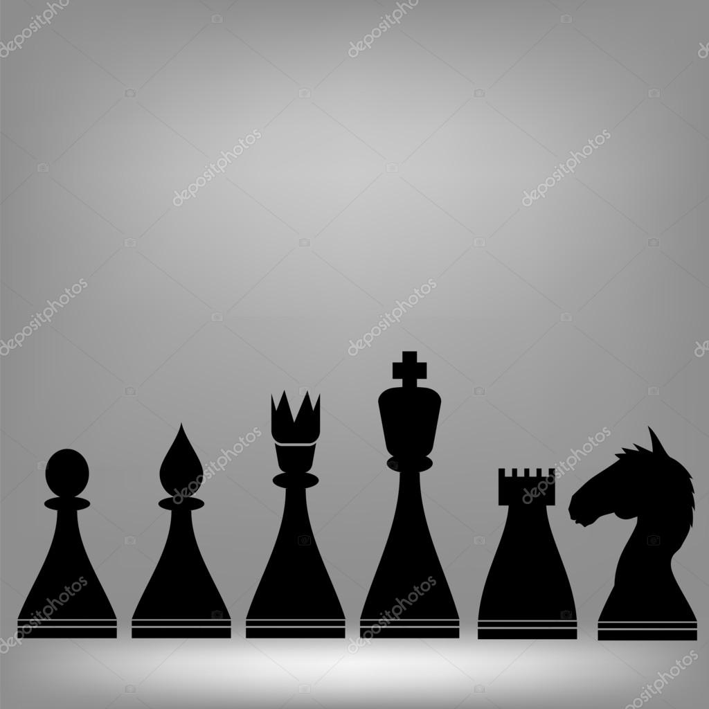 Chess Pieces Silhouettes on Grey Background. Pawn and Bishop, Queen,  Rook,Knight