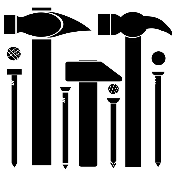 Conjunto de diferentes martelos e unhas —  Vetores de Stock