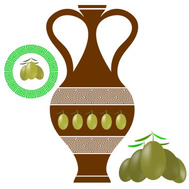 Yunan amfora. Zeytin simgesi beyaz arka plan üzerinde.