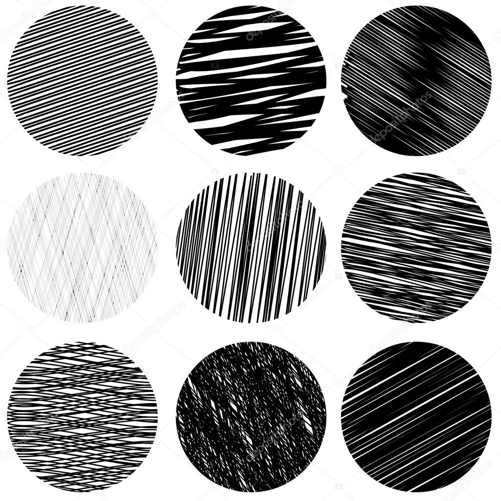 Set of Black Diagonal Strokes Patterns. Sketch Circles.