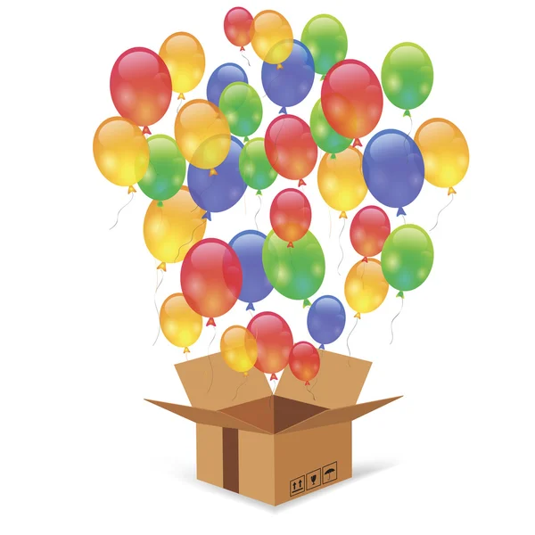 Caja de cartón y globos de colores — Vector de stock