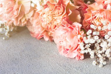 Gri arkaplanda pembe karanfil çiçekleri buketi.