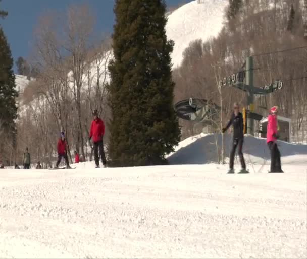 Familie ski's in een heuvel bunny — Stockvideo