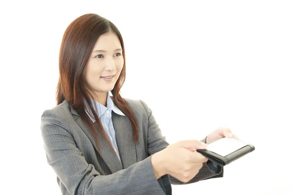 Business woman holding business card — Stock Photo, Image