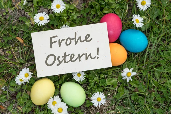 Kartka Okolicznościowa Pisankami Niemieckim Tekstem Happy Easter — Zdjęcie stockowe