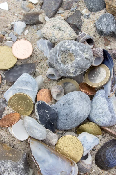 Coins, stones and shells — Stock Photo, Image