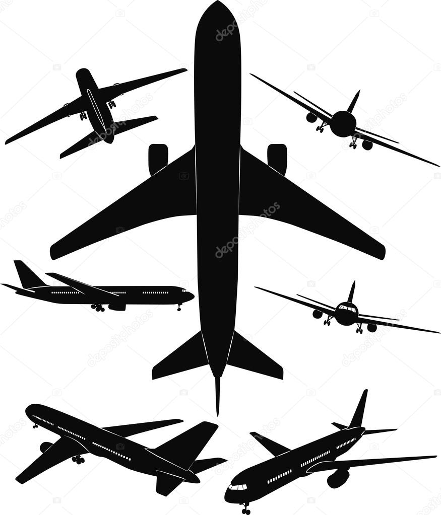 7 silhouettes of aircrafts on white background