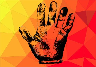 Elle bir çokgen arka plan üzerinde bir kalemle çizilmiş