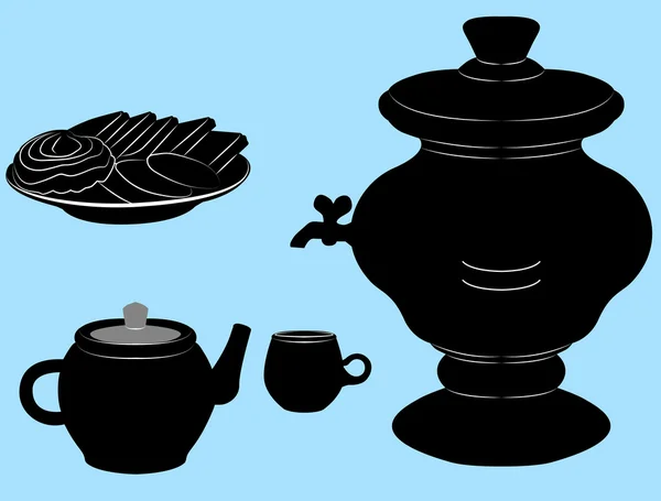 The tea party. The samovar, a Cup, a teapot and a plate of cookies — Stock Photo, Image