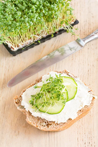 A slice of bread topped with cream cheese, cucumber and watercress — Stock Photo, Image