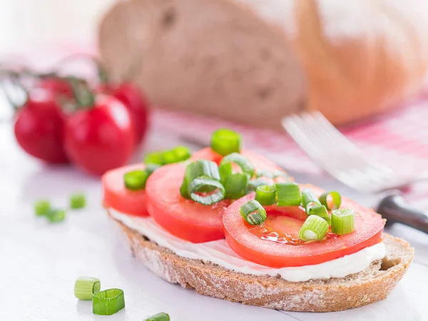 Una rebanada de pan cubierta de tomates —  Fotos de Stock