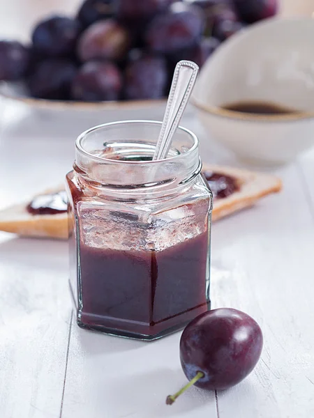 Home-made plum jam in a glass — Stock Photo, Image