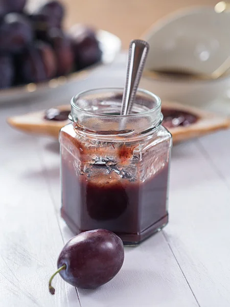 Home-made plum jam in a glass — Stock Photo, Image