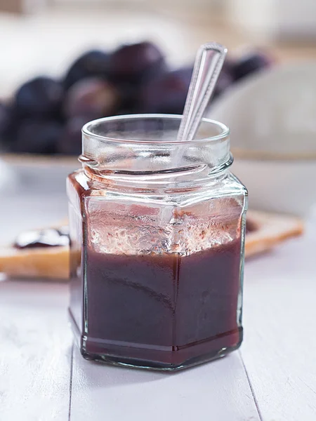 Home-made plum jam in a glass — Stock Photo, Image