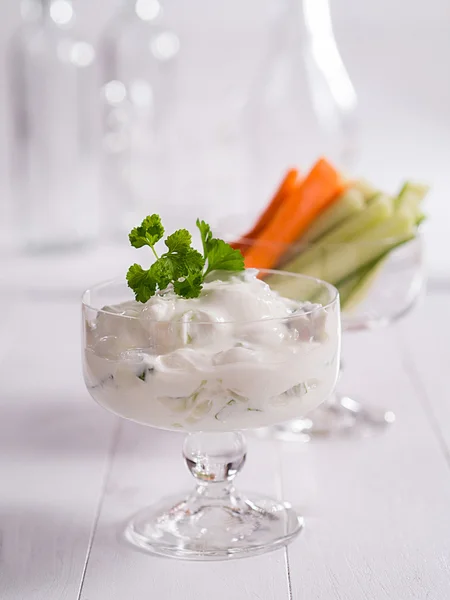 Curd for dipping with carrots and cucumber — Stock Photo, Image