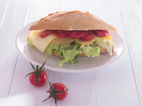 Bread roll books with cheese, salad sheets and tomatoes — Stock Photo, Image