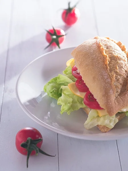 Bread roll books with cheese, salad sheets and tomatoes — Stock Photo, Image