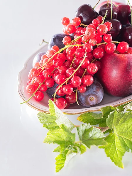 Grosellas rojas, cerezas y melocotones en un tazón —  Fotos de Stock