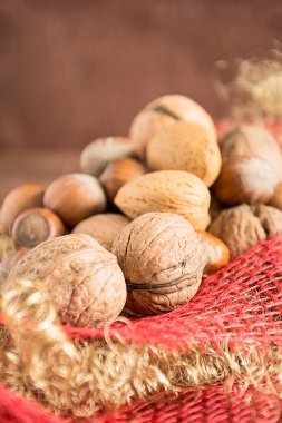 Ceviz, fındık, badem ve pecans kırmızı malzeme üzerinde yalan
