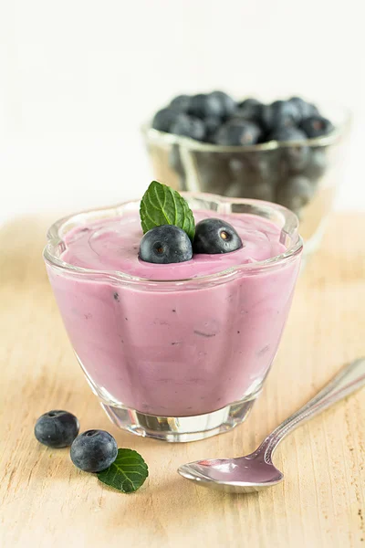 Jogurt s blueberrys v misce — Stock fotografie