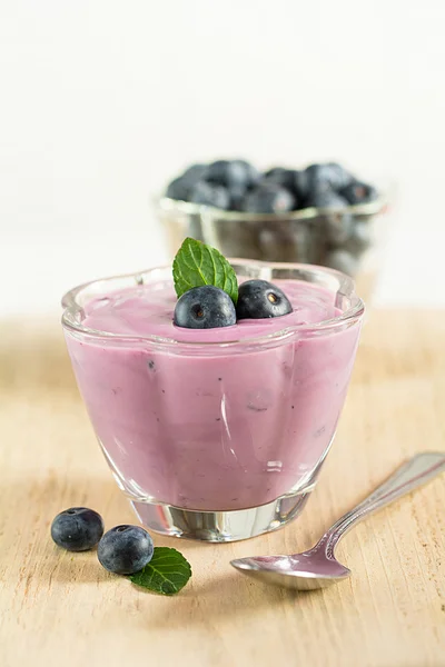 Jogurt s blueberrys v misce — Stock fotografie