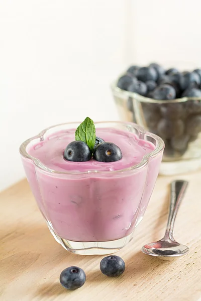 Jogurt s blueberrys v misce — Stock fotografie