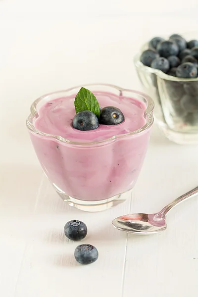 Jogurt s blueberrys v misce — Stock fotografie