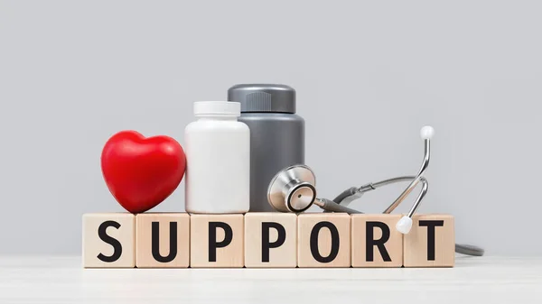 Steteskop, kırmızı kalp, hap ya da tablet kavanozlu tıbbi destek metni. Sağlık hizmetleri, sosyal hizmet görevlileri ve doktorlar, kalp kontrolü. Kopyalama alanı olan ilaç pankartı