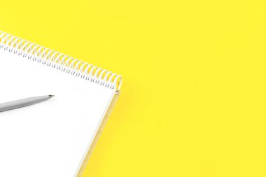 Moda sarı aydınlatıcı arka plan üzerine not defterini aç. Okul eğitim testi ve el işi ya da mesaj konsepti için fotokopi alanı olan küçük bir yer. Hikaye Uydurma Web PankartıName