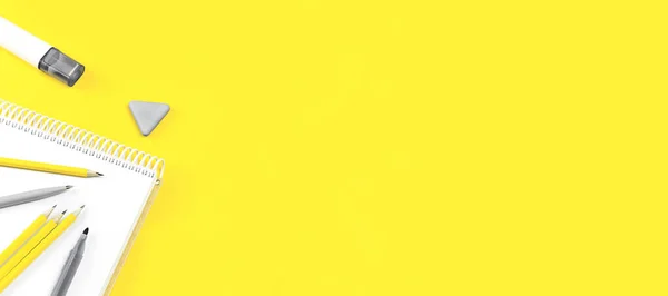 Асорті Сірого Офісу Шкільних Канцелярських Приладдя Жовтому Столі Вибірковий Банер — стокове фото