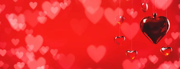 Zwei Glasherzen Anhänger Groß Und Klein Valentinstag Grußkarte Banner Oder — Stockfoto