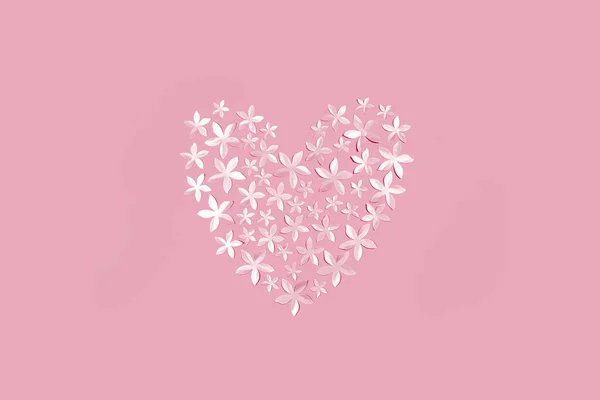 Herzform Mit Kleinen Papierblüten Monochrom Auf Rosarot Leidenschaft Liebe Und — Stockfoto