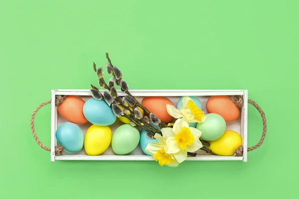 Happy Easter Greeting Card Yellow Orange Blue Pastel Dyed Easter — Stock Photo, Image