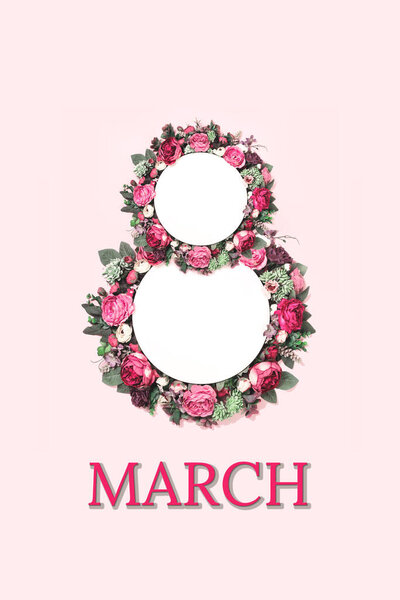 Pink peony, roses flowers in shape of 8. Natural textured spring or summer background for 8 March Womens Day on pink. mockup