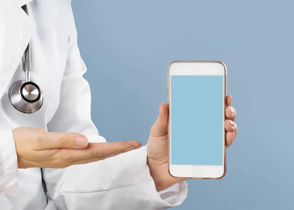 Cropped View Female Doctor Pointing Smartphone Medical App Blank Blue — Stock Photo, Image
