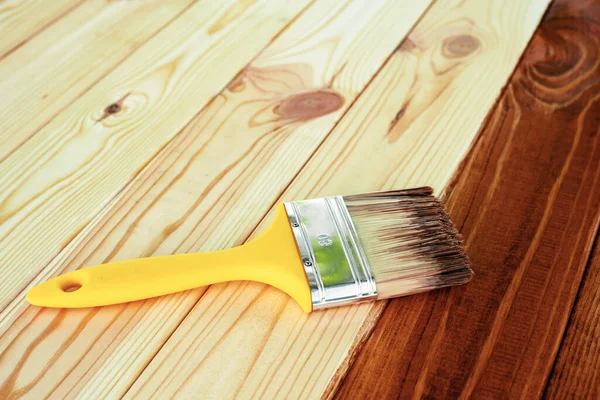 Wood Staining Diy Brush Painting Wooden Patio Deck Protective Brown — Stock Photo, Image