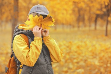 Düş! Sonbahar ağaçlarının arka planında altın yaprakların arkasına saklanan mutlu çocuk. Akçaağaç yapraklarıyla oynamak. kopyalama alanı. Okula mı yoksa sonbahara mı?