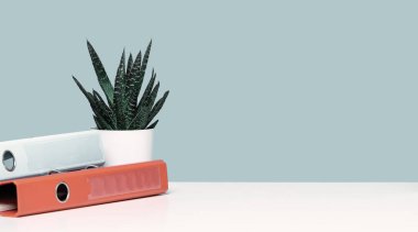 Hesap makinesi ve turuncu doküman klasörleri ya da bir ofis rafında ya da masada kaldıraç kemeri. Kaktüs bir tencerede sulu. İş konsepti afişi. Boşluğu kopyala