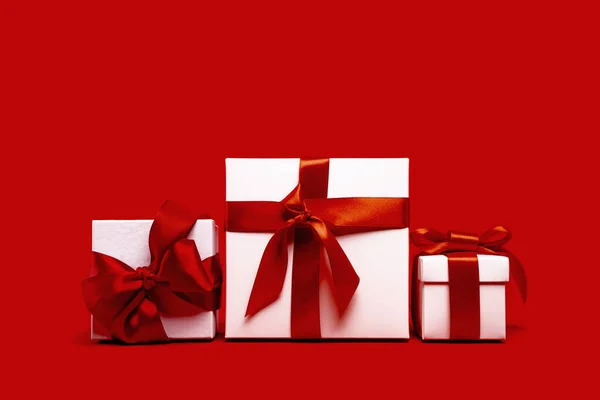 Set Tree Assorted Red White Gift Boxes Red Background Different — Stock Photo, Image