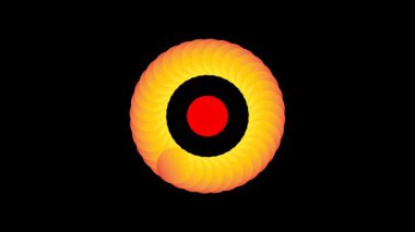 Dalgalı kırmızı bir kenarı ve benekli beyaz aksanlı dairesel pembe bir merkezi olan canlı, soyut bir rozet ya da mühür tasarımının düzgün bir dönüşümlü animasyonu. Renkli geometrik hareket grafikleri