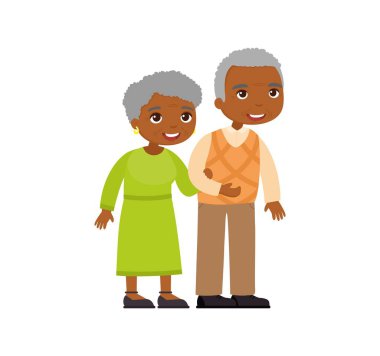 Afrikalı yaşlı bir çift. Kıdemli çift gülümsüyor ve birlikte yürüyorlar. Yaşlı kadın yaşlı bir adamın kolunu tutuyor. Mutlu evlilik hayatı konsepti. Vektör illüstrasyonu