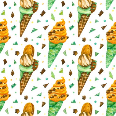 Dondurma ve çikolata parçacıkları elle çizilmiş. Yaz tatlısı renk çizimi. Dondurma külahı dokusu. Yaratıcı duvar kağıdı, ambalaj kağıdı, tekstil tasarımı, hatıra defteri, dijital kağıt