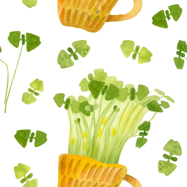 緑のバジルの苗とかわいいセラミックカップ 明るい春の作物 新鮮なマイクログリーン クレスサラダ 庭の季節 手描き水彩シームレスパターン 包装紙のデザイン スクラップブッキング デジタルペーパー — ストック写真