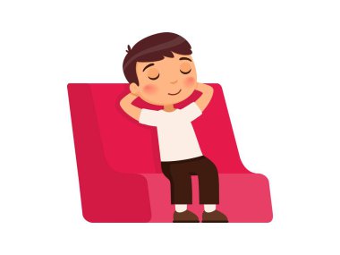 Takım elbiseli küçük çocuk gözlerini kapattı ve elleri başının arkasında kırmızı bir sandalyeye oturdu. Dinlenme ve rahatlama konsepti. Çizgi film karakteri. Düz vektör illüstrasyonu.