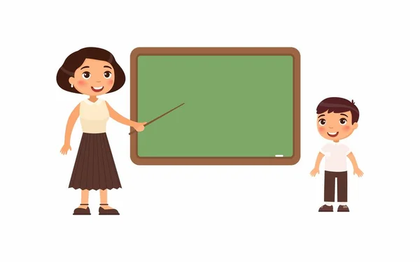 教室の平らなベクトルイラストで教師と学生 空の黒板漫画のキャラクターの近くに立つ女教師と生徒 白地に孤立した学校の少年 — ストックベクタ