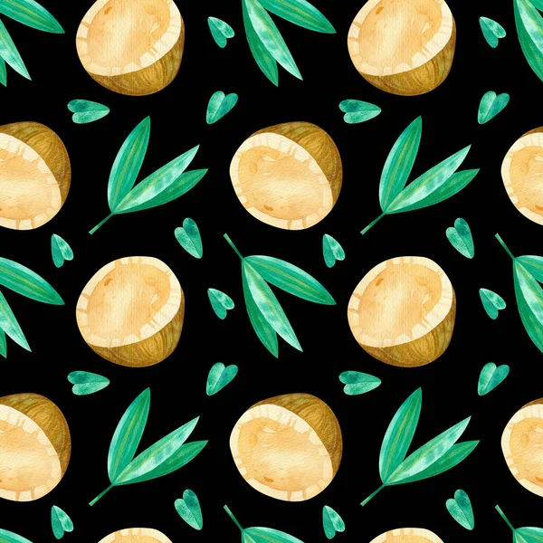 Cocos Hojas Verdes Dibujos Patrón Sin Costuras Frutas Tropicales Verano — Foto de Stock