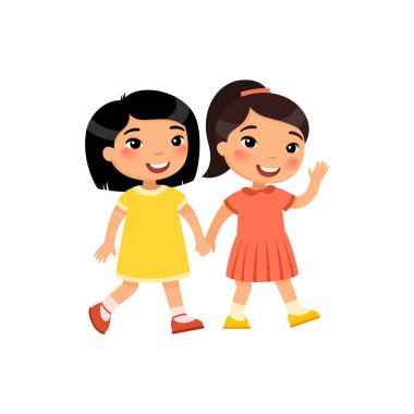 İki küçük Asyalı kız el ele tutuşuyor, çizgi film karakterleri. Beyaz arka planda izole edilmiş gülümseyen çocuklar. Arkadaşlık kavramı. Vektör illüstrasyonu.