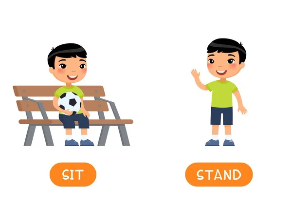 Antonyms Conceito Stand Sit Cartão Flash Educativo Com Modelo Criança — Vetor de Stock