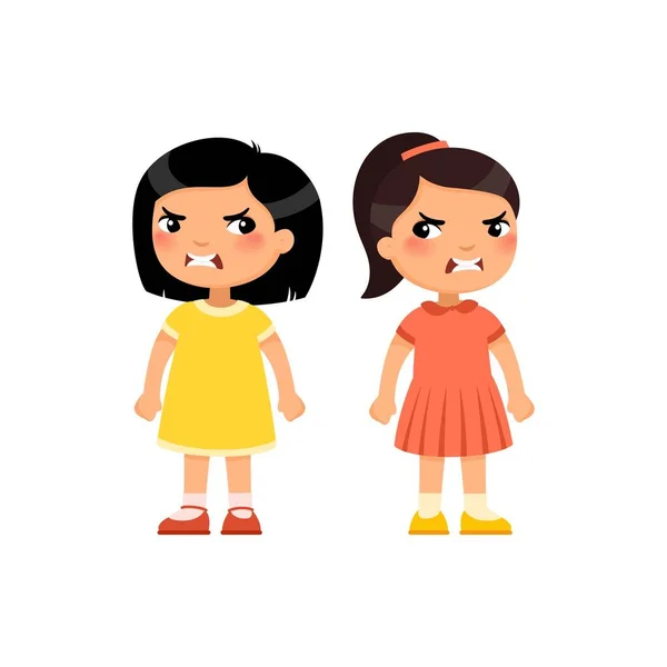 Raparigas Irritadas Ilustração Vetorial Plana Furioso Asiático Crianças Briga Agressivo —  Vetores de Stock
