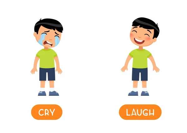 Cry Laugh 플래시 템플릿을 정반대의 개념이죠 학습을 문자와 아시아 소년은 — 스톡 벡터